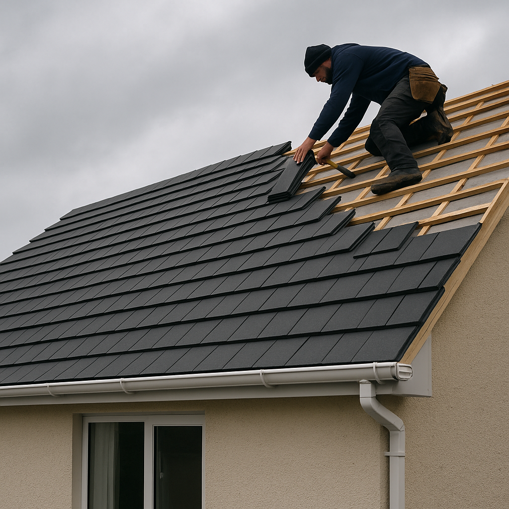Professional roofer in Cork installing roof tiles during repair work