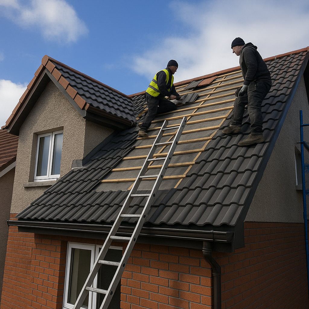 Workers fixing tiles - Professional roofing team in Cork